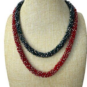 Red Green Faceted Beaded Necklaces Stretch Bracelet Set, Holiday, Glam, Festive